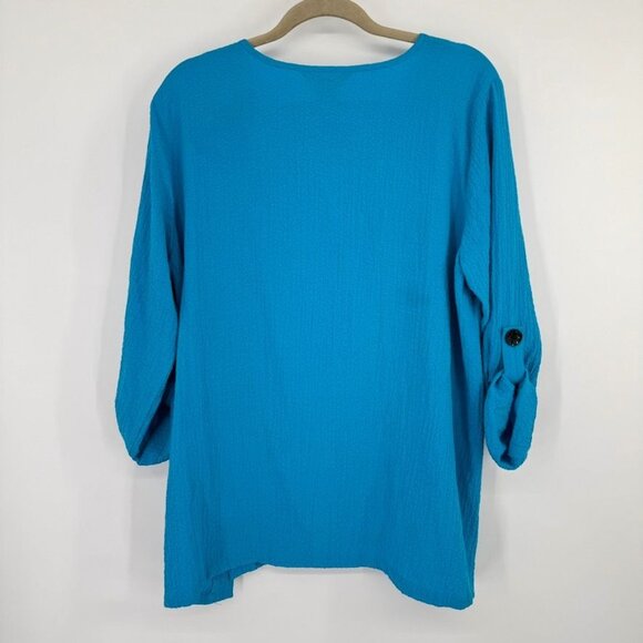 Ali Miles Womens Blue crinkle Tunic Top size large Button Detailing 3/4 sleeve - Picture 12 of 13